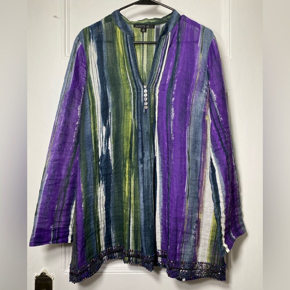 Lafayette 148 | Beaded Watercolor Print Tunic Top Purple/Green Sz 10